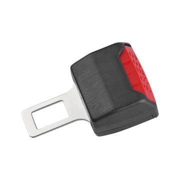 Black and red car seat belt clip on a white background