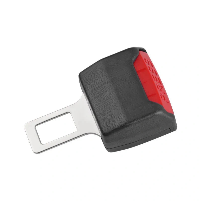 Black and red car seat belt clip on a white background