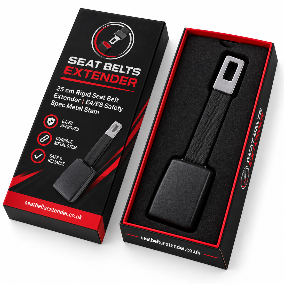 25cm rigid seat belt extender with heavy-duty E4/E8 certified metal stem and durable woven strap, boxed by Seat Belts Extender, free shipping across the UK and US