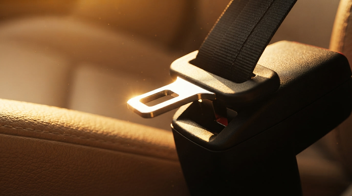 Close-up of a car seat belt buckle with the release latch pulled open, set against a warm, sunlit car interior.
