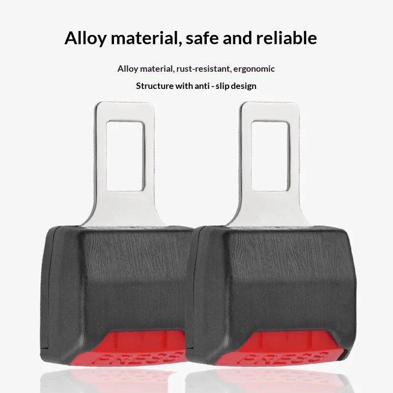 Two car seat belt quick-release buckles shown on a light gray background with marketing text above. The buckles have a brushed silver metal latch and black plastic housing with a red textured base.