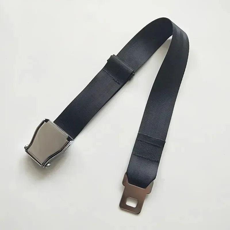 Black Type A aircraft seat belt extender with stainless steel lift-latch buckle, adjustable 18-81 cm length for flight comfort