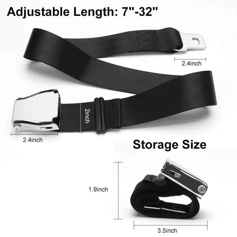 Type A airplane seat belt extender dimension diagram showing adjustable length from 7 to 32 inches (18-81 cm) and compact folded storage size of 3.5 by 1.9 inches