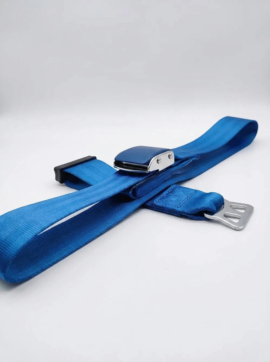 Blue Type B airplane seat belt extender shown folded at an angle, featuring polished metal lift-latch buckle, silver connector tongue, and adjustable strap