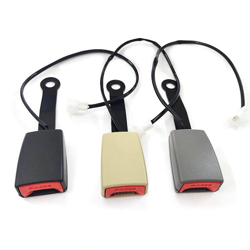Universal car seat belt buckle set in black, beige, and gray with sensor wiring