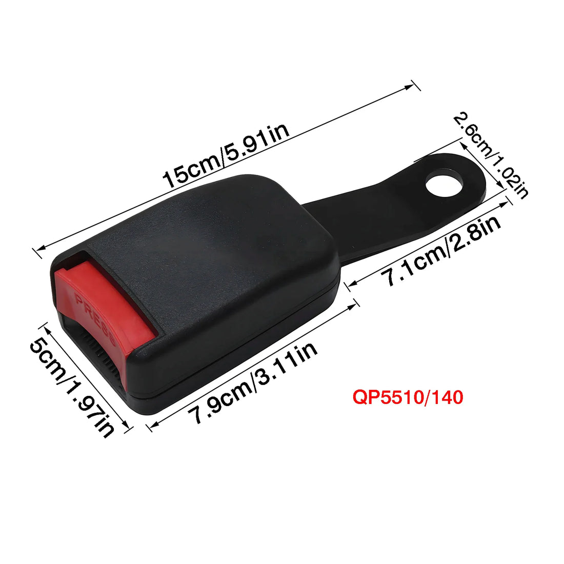 Black 15cm curved plate seat belt buckle receiver with red release button and multi-angle mounting bracket 