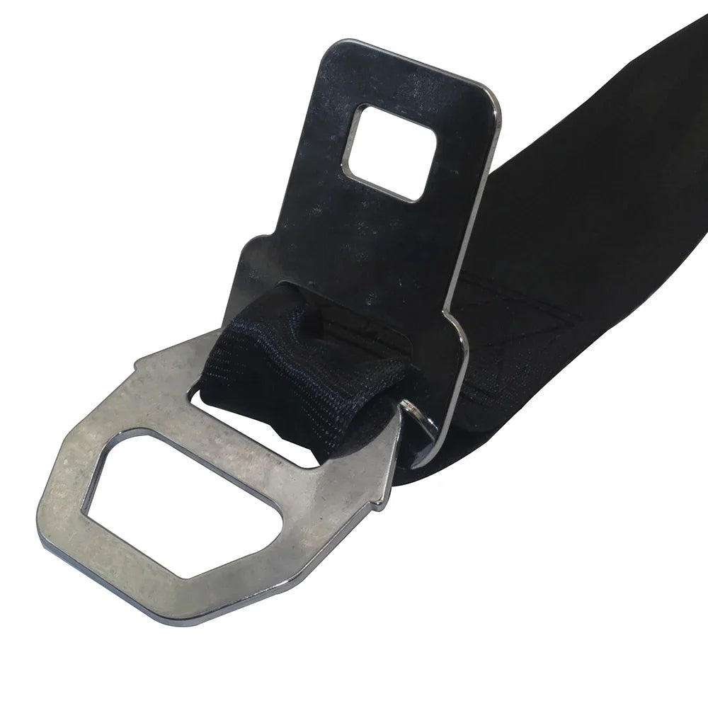 Close-up of the stainless steel dual-plug connector tongue (Type A & Type B) attached to the black nylon strap of the universal aircraft seat belt extender