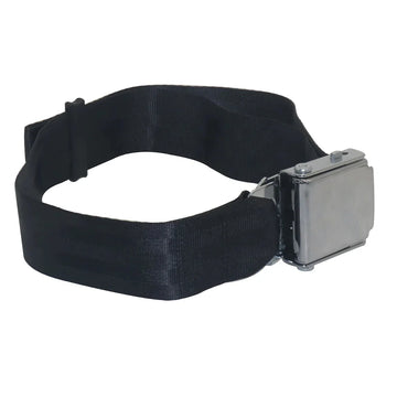 Black dual-plug universal airplane seat belt extender with polished metal lift-latch buckle and adjustable 23 cm nylon strap 