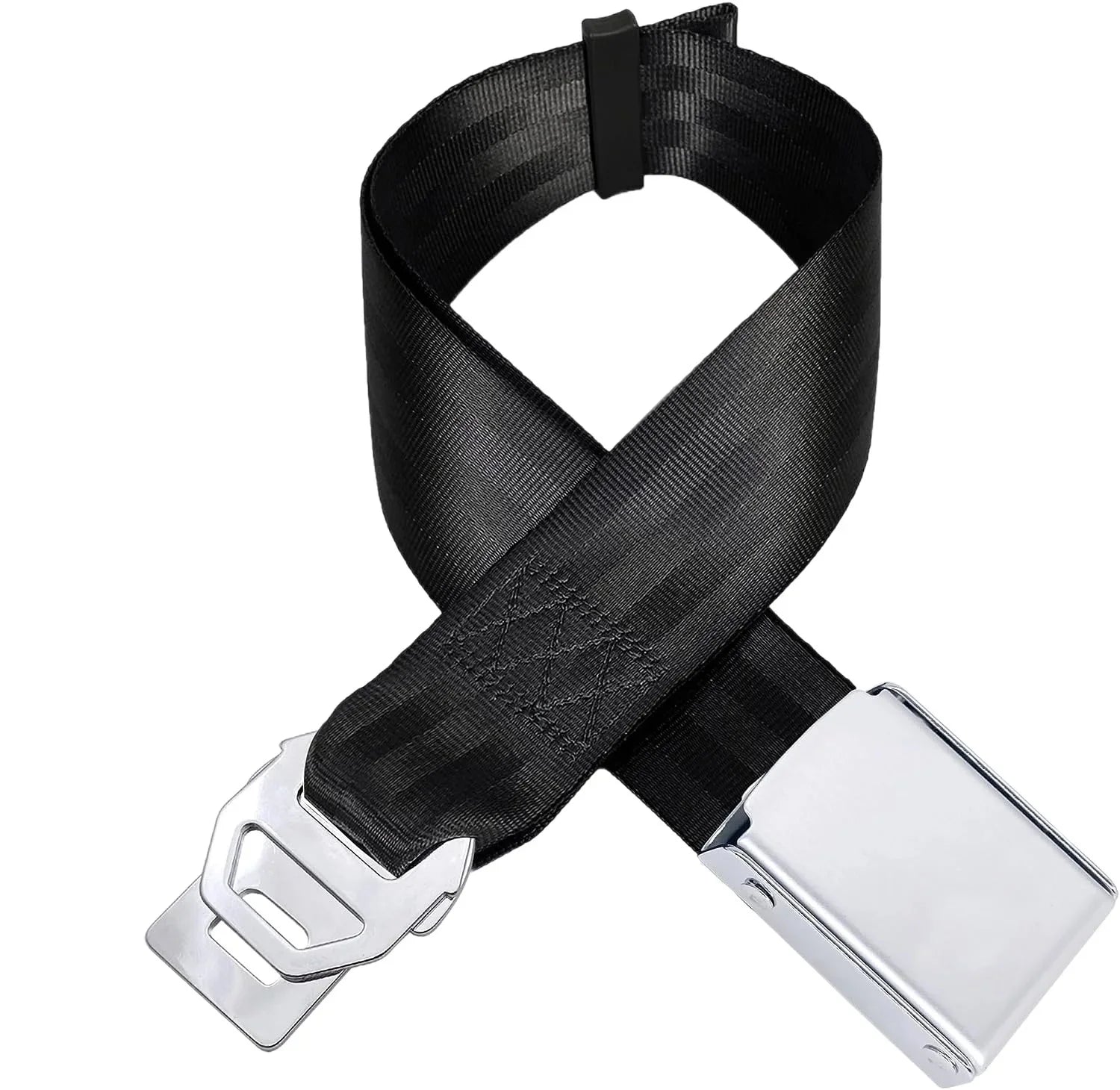 Black BQB certified universal aircraft seat belt extender formed in a loop, displaying polished metal lift-latch buckle and Type A/B dual connector tongue