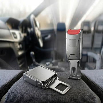 Buckle and Reciever collection – silver seat belt buckle extender and receiver clip set with red release button, universal car fit