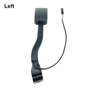 VW front left seat belt buckle stalk assembly with black housing, mounting bracket, and attached wiring harness with electrical connector on a white background with 'Left' text.