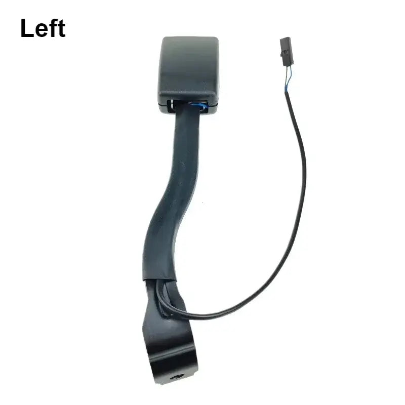 VW front left seat belt buckle stalk assembly with black housing, mounting bracket, and attached wiring harness with electrical connector on a white background with 'Left' text.