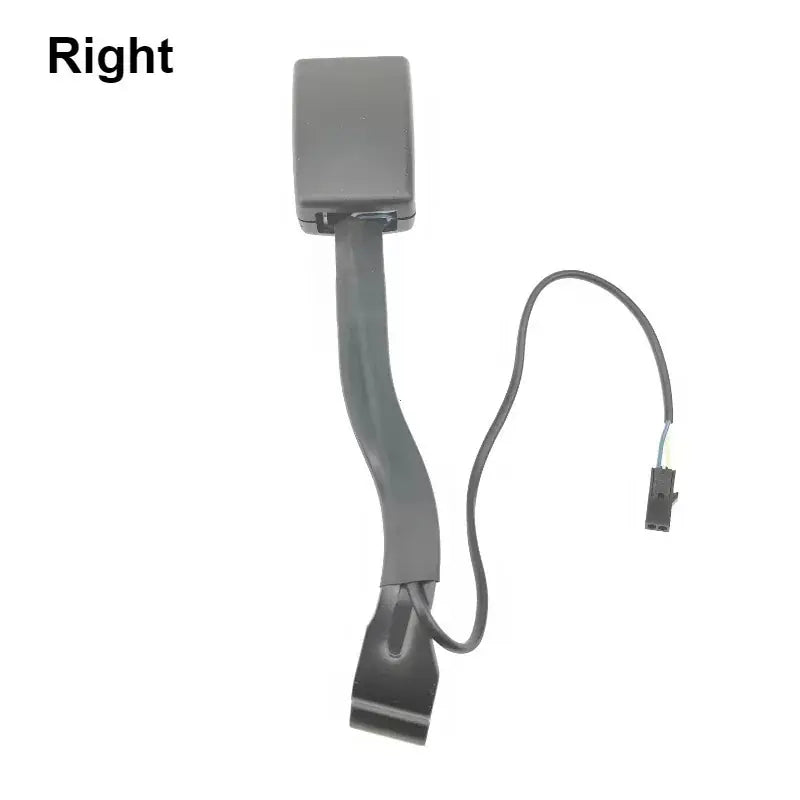 VW front left seat belt buckle stalk assembly with black housing, mounting bracket, and attached wiring harness with electrical connector on a white background with 'Left' text.