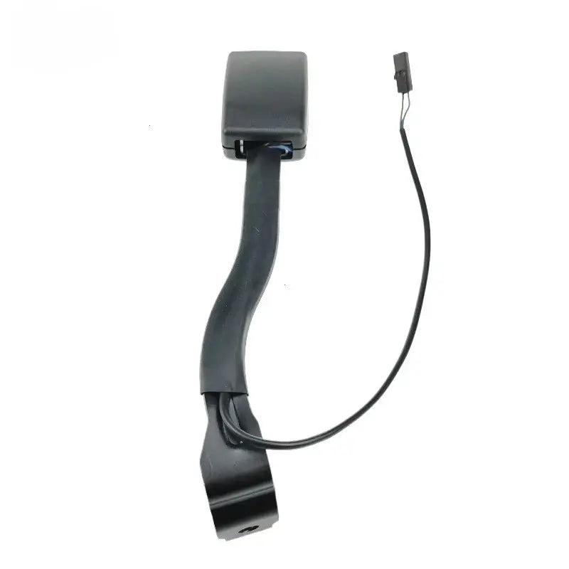 Front seat belt buckle stalk assembly with black housing, mounting bracket, and integrated wiring harness with electrical sensor connector for Volkswagen models.