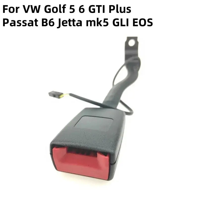 Front seat belt buckle assembly with black housing and red button, compatible with VW Golf 5, Golf 6, GTI, Passat B6, Jetta, and EOS models.