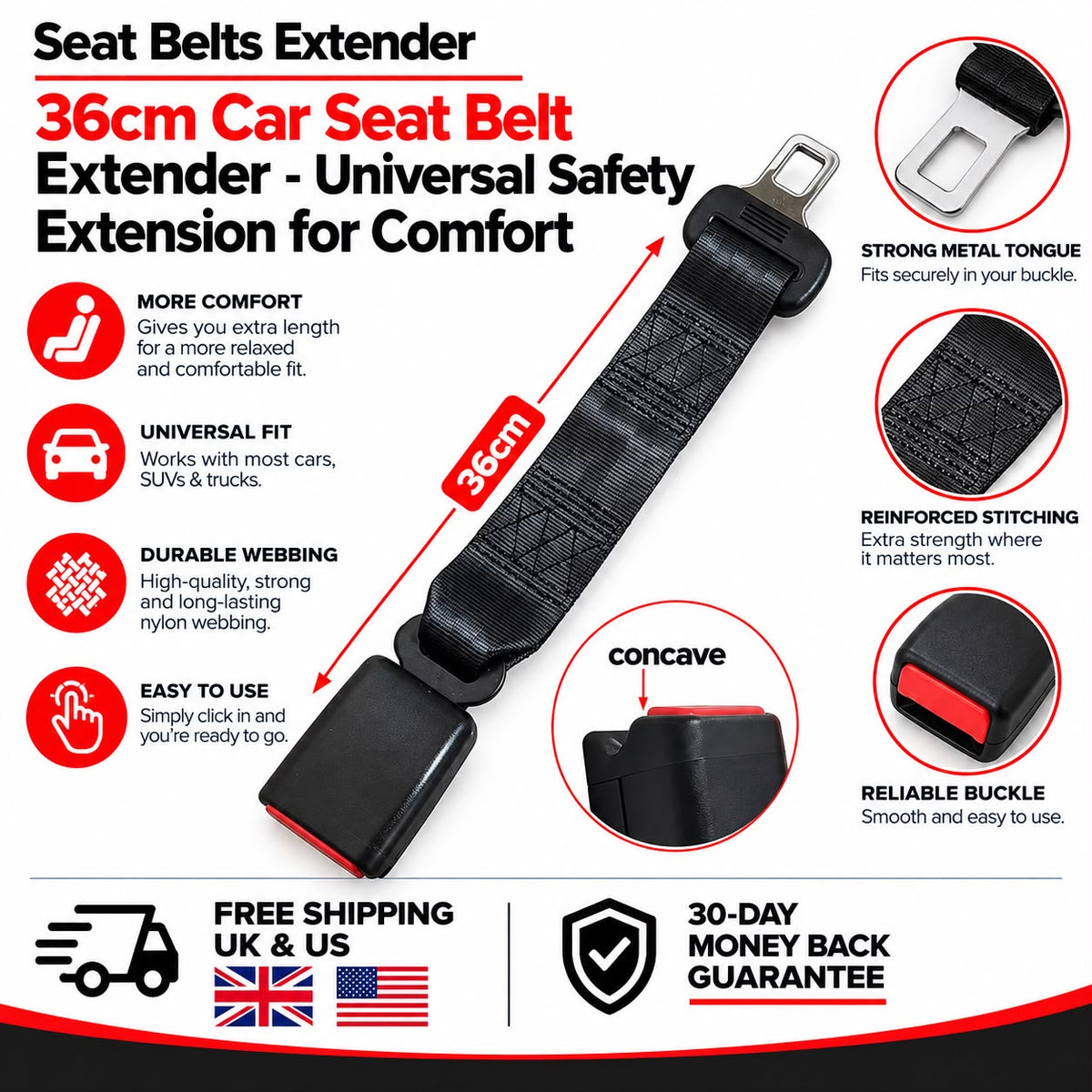 36cm Car Seat Belt Extender - Universal Safety Extension for Comfort