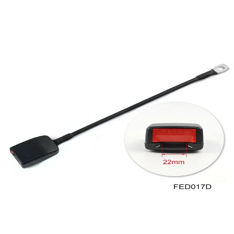Black flexible wire stem seat belt buckle receiver with circular inset diagram showing 22mm socket opening width model FED017D