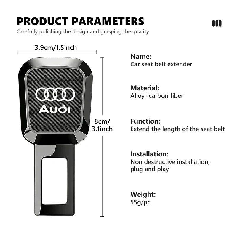 Product information graphic for an Audi car seat belt extender, showing a side view of the black textured accessory with dimensions, material, function, installation, and weight details on a white background.