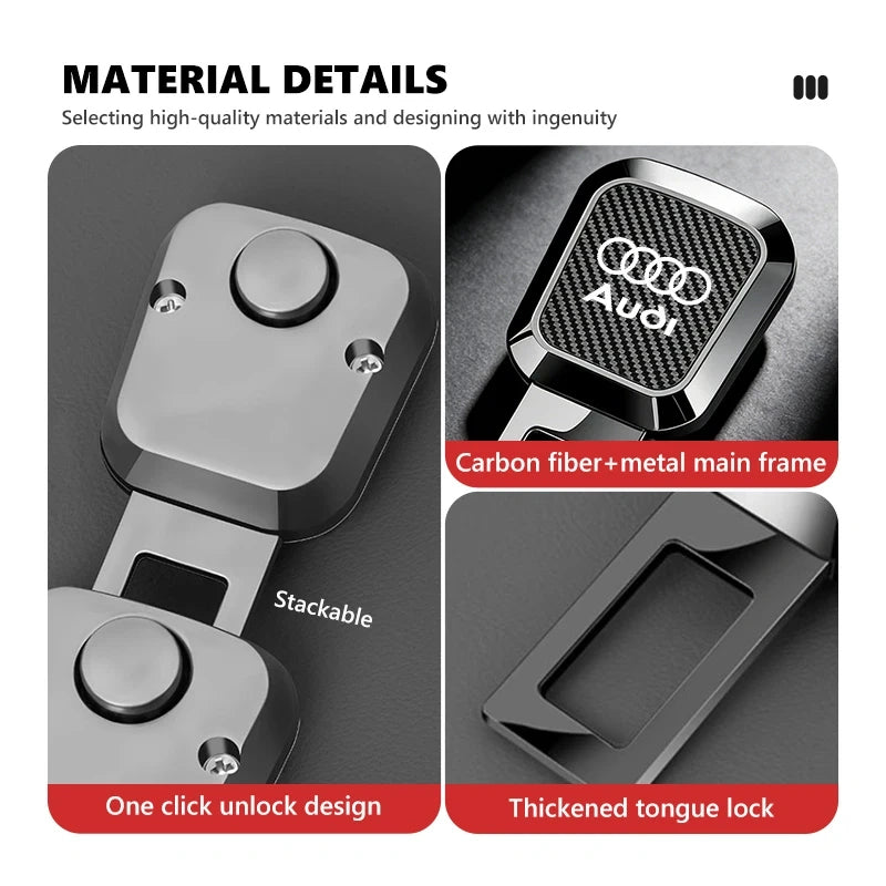 Material details infographic for an Audi key fob lock, showing a close-up of a metallic silver key fob with a carbon fiber pattern accent, a thickened tongue lock, and stackable design, with text labels 