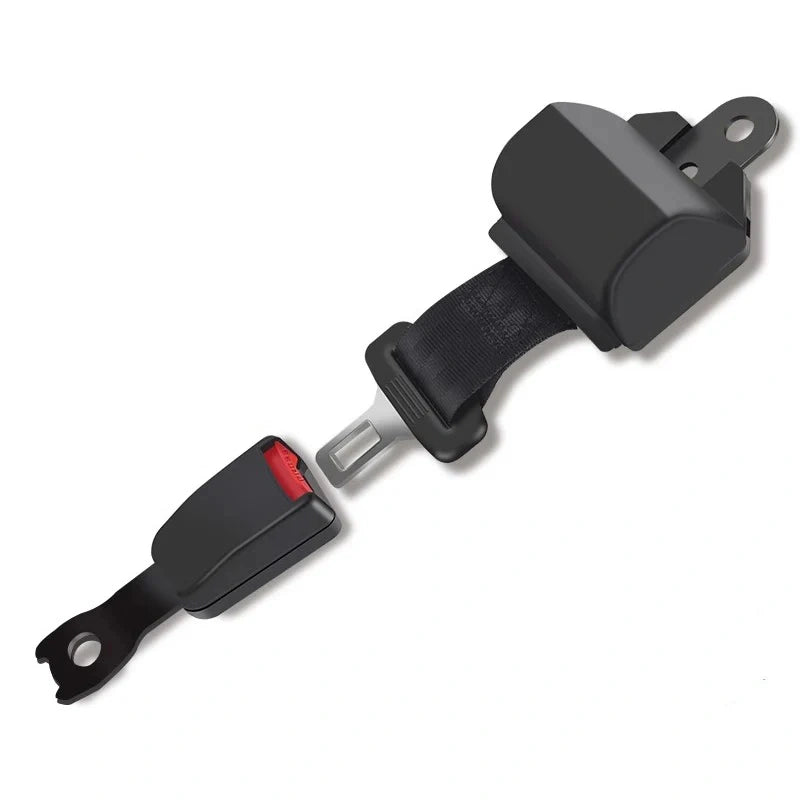 A black automotive seat belt buckle assembly with a black strap, metal buckle plate, and red release button, 