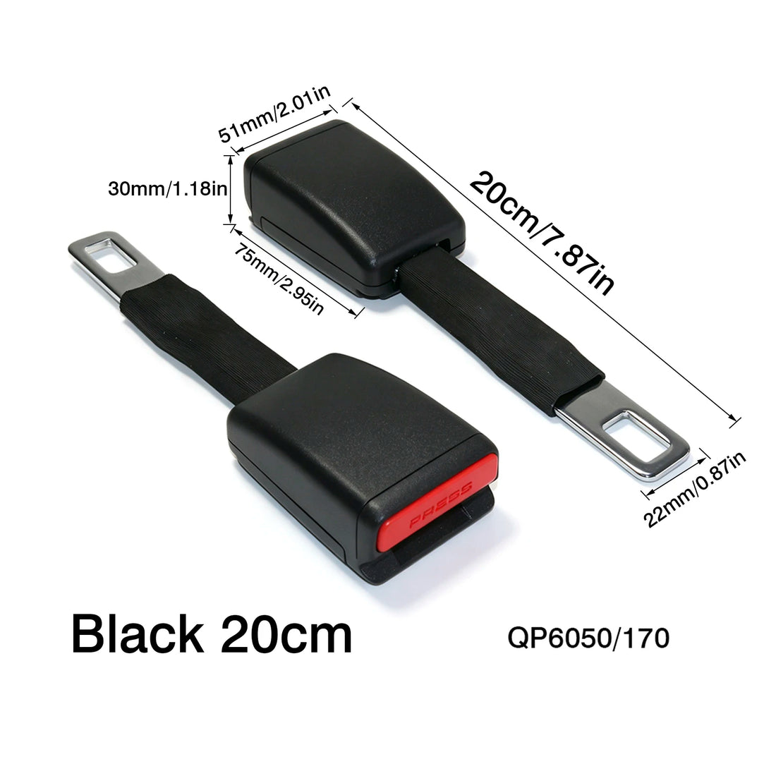 Black 20cm rigid metal seat belt extender with safety buckle receiver and 22mm tongue dimensions for car seats.