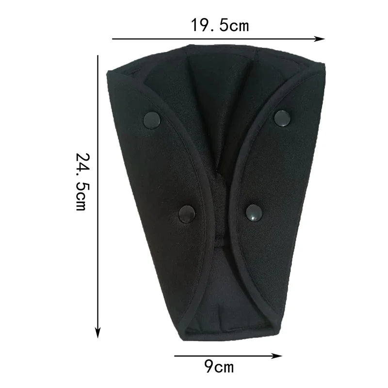 Black triangular car seat belt adjuster pad with snap buttons showing dimensions of 19.5 cm top width, 9 cm bottom width, and 24.5 cm height on a white background