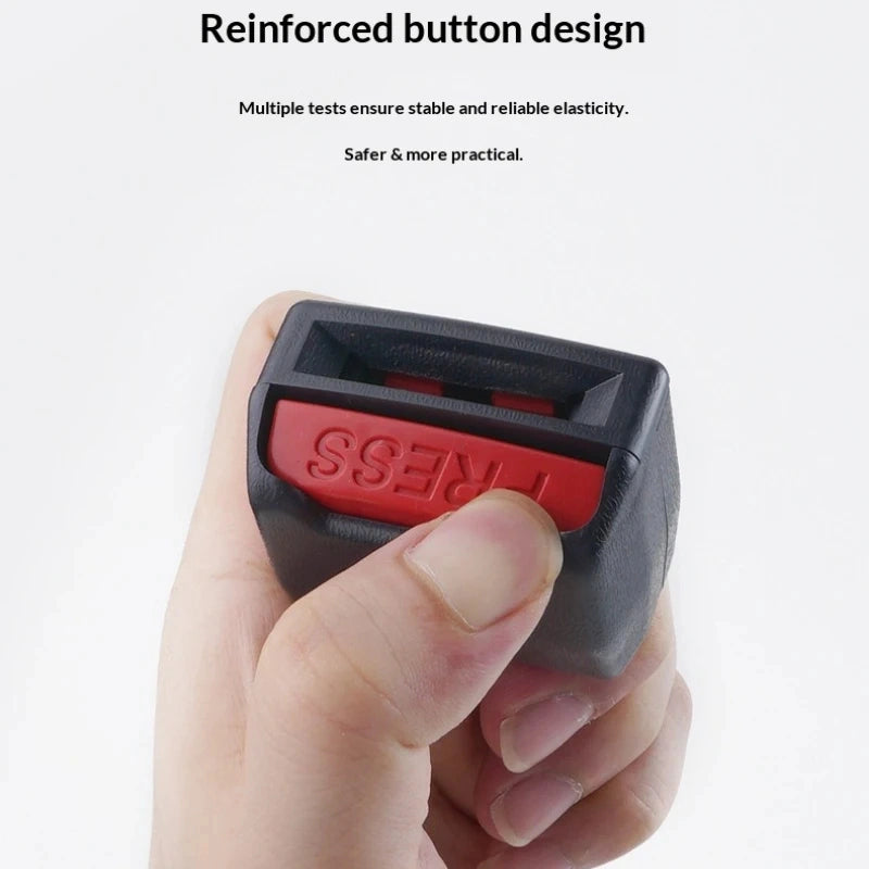 A hand holding a black plastic buckle or button component with a red reinforced button area, with text above reading 'Reinforced button design' and smaller descriptive copy.