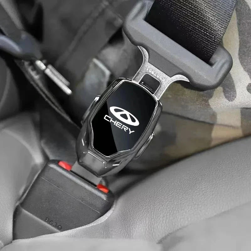 Chery metal seat belt clip extender installed on a car seat belt strap inside a vehicle