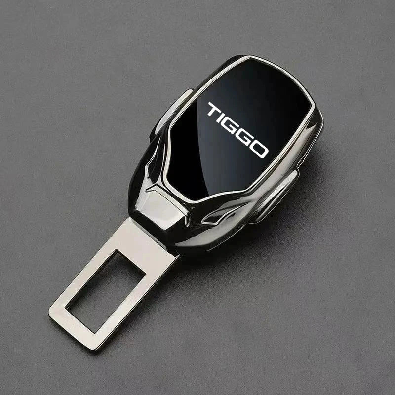 Metallic grey Chery Tiggo metal seat belt clip extender featuring white Tiggo logo