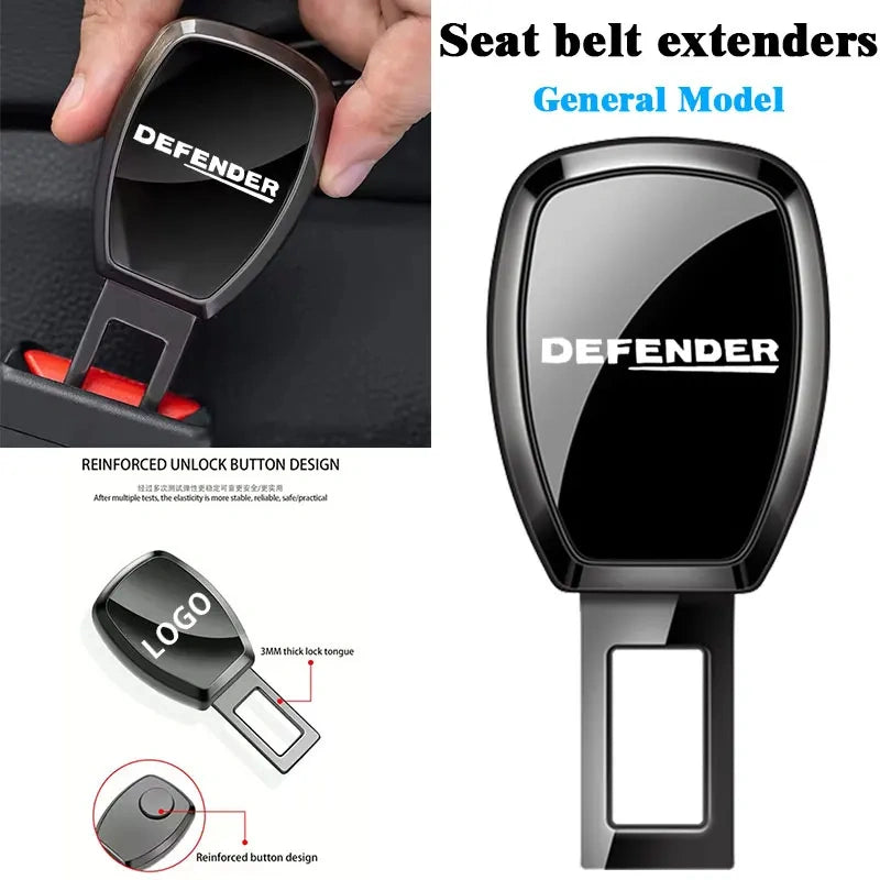Defender metal seat belt clip extender overview showing general model design, in-car installation, and reinforced unlock button features