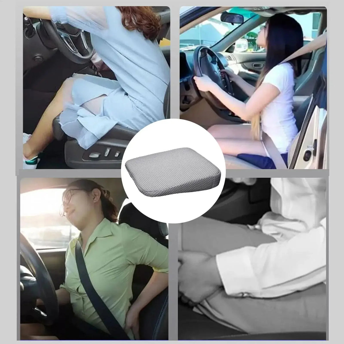 Four drivers using a gray height booster seat cushion in their cars, featuring a central inset showing the textured memory foam cushion