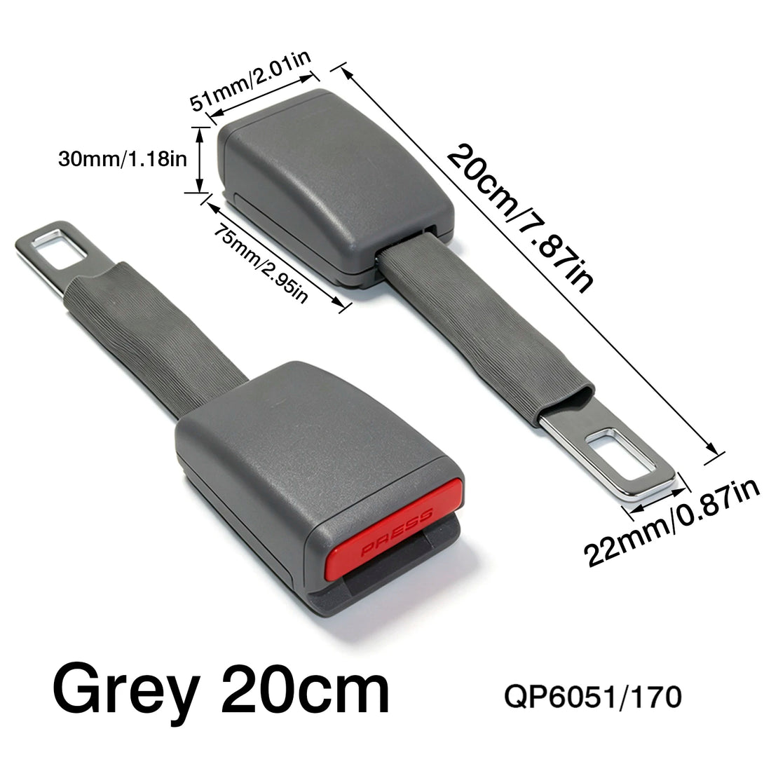 Black 20cm rigid metal seat belt extender with safety buckle receiver and 22mm tongue dimensions for car seats.