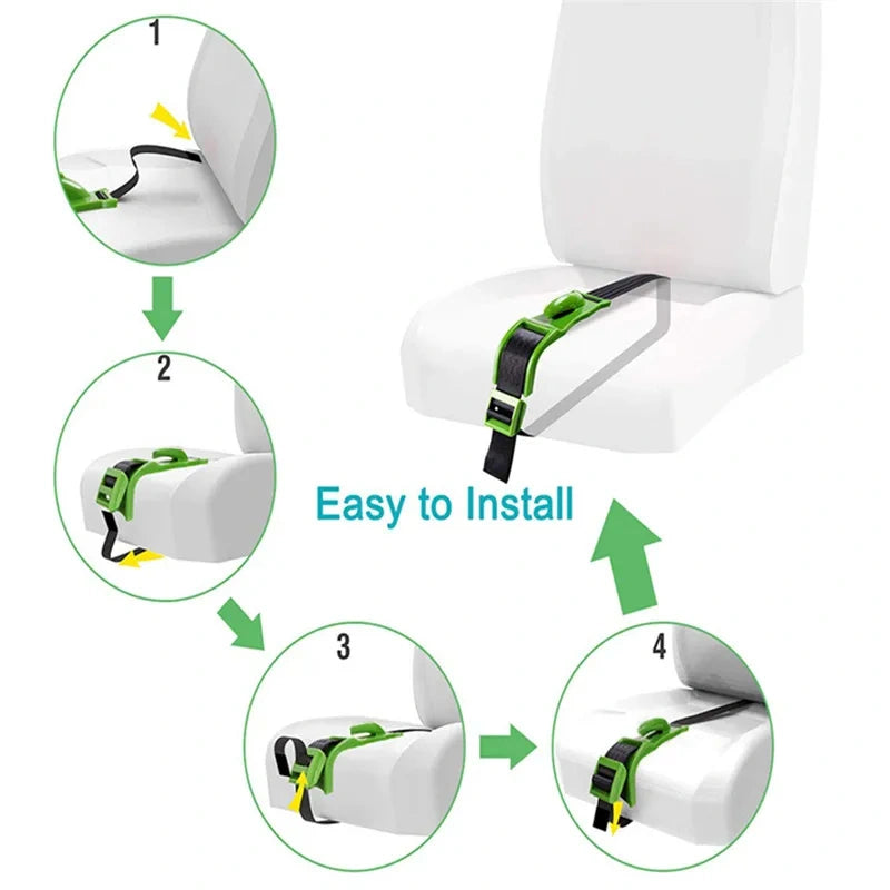 4-step installation diagram showing how to secure a green pregnancy seat belt adjuster to a vehicle seat.