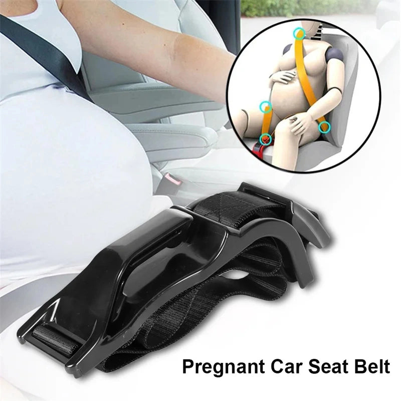 Black pregnancy car seat belt adjuster with strap harness and a diagram showing safe lap belt placement under the bump.