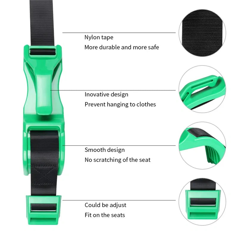 Diagram of a pregnancy seat belt adjuster highlighting nylon tape, smooth edges to prevent seat scratches, and adjustable strap features.