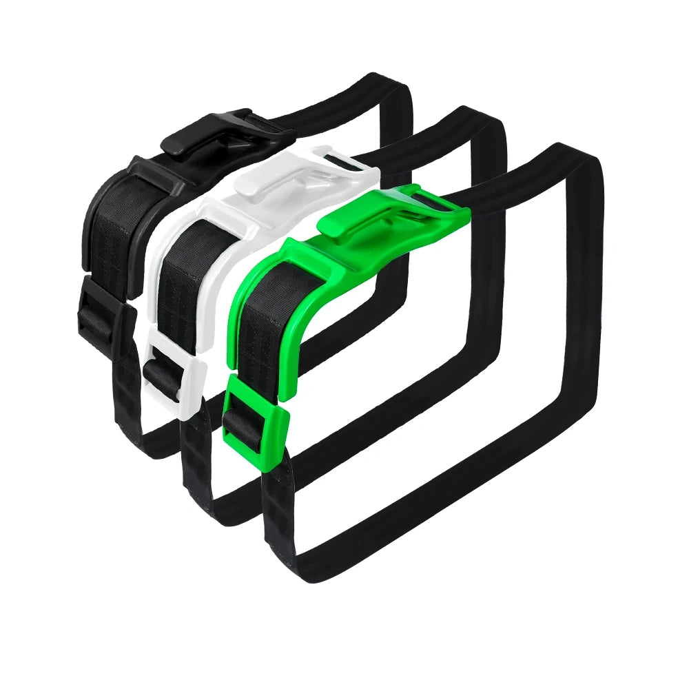 Three pregnancy seat belt adjusters with adjustable black straps displayed in black, white, and bright green.