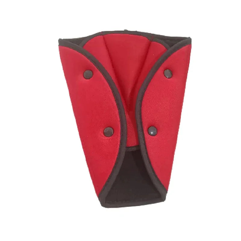 Black triangular car seat belt adjuster pad with snap buttons showing dimensions of 19.5 cm top width, 9 cm bottom width, and 24.5 cm height on a white background