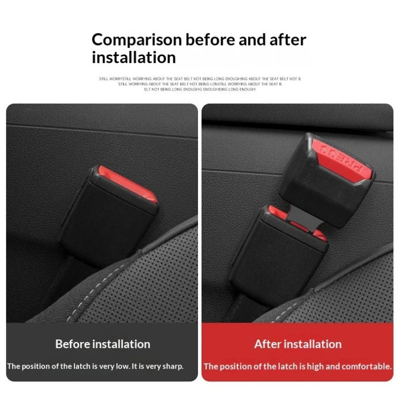 A comparison graphic showing a car seat belt buckle in two panels labeled 'Before installation' and 'After installation,' with text explaining that the latch position is adjusted to be low and sharp before, and high and comfortable after.