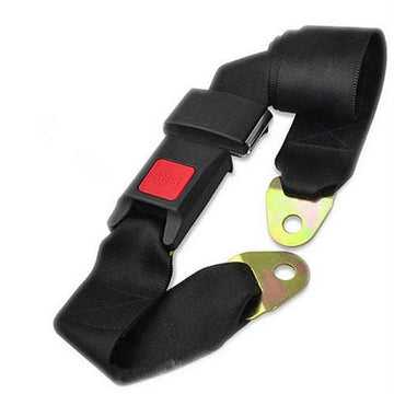 Black adjustable two-point car seat belt extender strap with red release button and metal mounting brackets