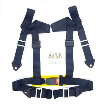 Black universal 4-point racing seat belt harness assembly with full mounting hardware.