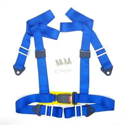 A blue three-point seat belt harness with a matching waist belt, shown laid flat on a white background with four mounting screws and four washers.