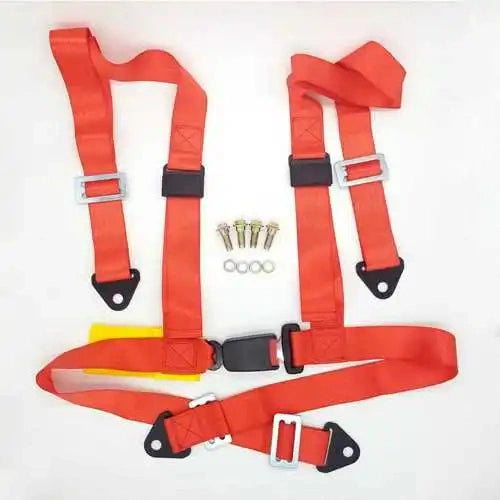 Universal 4-point racing harness in red with 2-inch nylon straps, quick-release buckle, and mounting hardware for bucket seats.