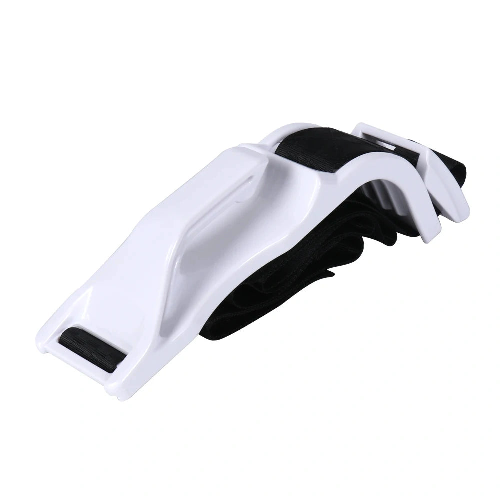 White pregnancy car seat belt adjuster hook with black strap attachment